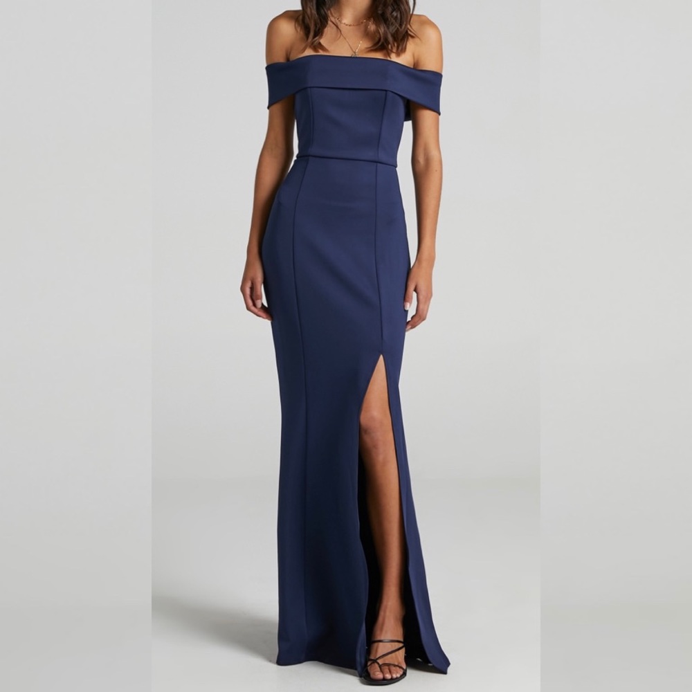 NWT ShowPo “We Got This Feeling” navy off-the-shoulder formal dress (size 6 US)